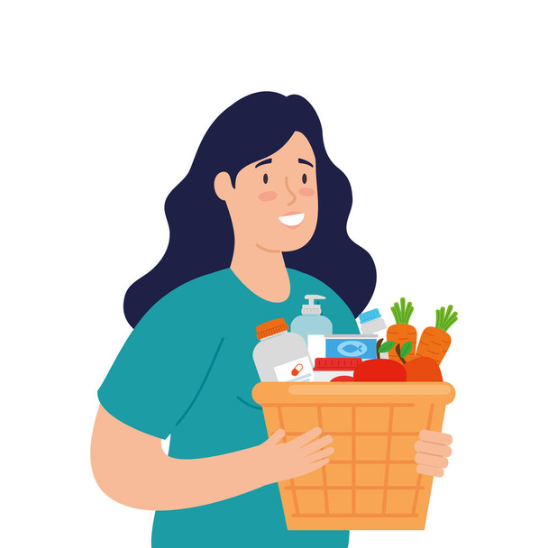 jovem mulher e cesta com alimentos e mantimentos em fundo branco
 - Vetor, Imagem
