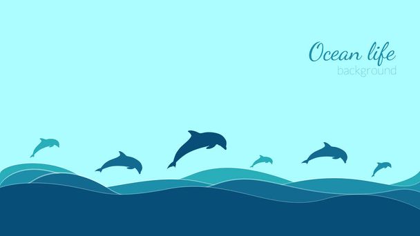 Fundo vetor, em cores azuis, sobre o tema da vida marinha. Ondas com golfinhos saltando para fora da água. Lugar para texto. Copyspace. - Vetor, Imagem