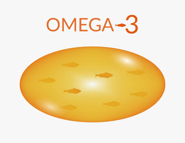  Koncepce vitamínů, omega 3, rybí tuk, tělesné zdraví. Vektorová ilustrace průhledné kapsle s rybím olejem, uvnitř se siluetami ryb a nápisem omega-3. - Vektor, obrázek