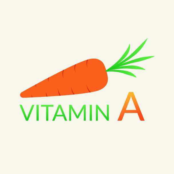 Conceito de vitamina A, caroteno, vegetais saudáveis para a saúde. Ilustração vetorial de uma cenoura com a inscrição. Adequado para uso como um logotipo, ícone, para recursos da web. - Vetor, Imagem