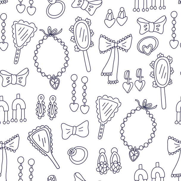 Vector doodle seamless pattern with accessories for girls isolated on white. Hand drawn ribbon bow, ring, earrings,  hand mirror, necklace. Great for fabrics, wrapping papers, wallpapers, covers. - Vecteur, image