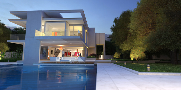 プール付きの高級近代的な邸宅の3Dレンダリング - 写真・画像