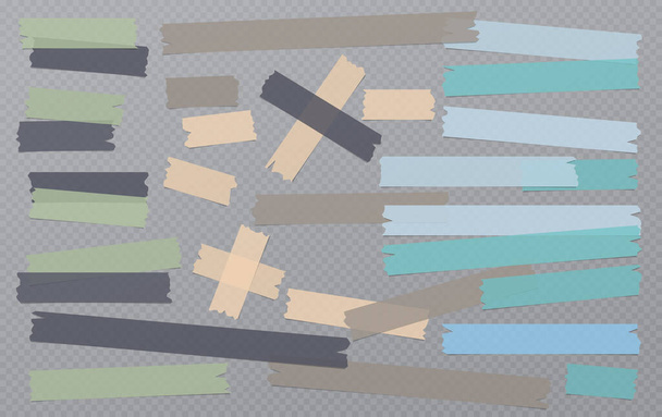 Barevné různé velikosti lepidlo, lepicí, maskování, lepicí páska, papírové kousky jsou na tmavém čtvercovém pozadí - Vektor, obrázek