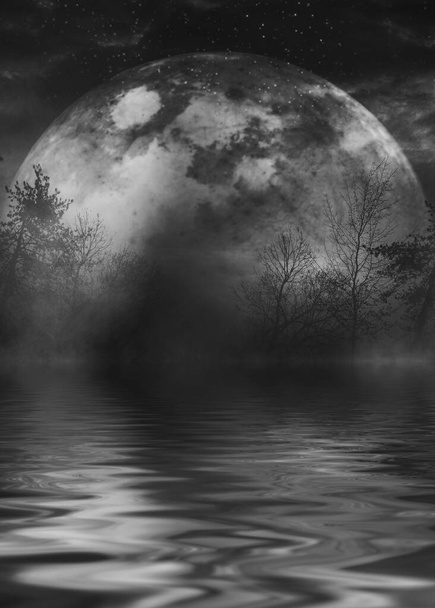 Spiegelung des Vollmondes auf dem Wasser. Dunkler dramatischer Hintergrund. Mondlicht, Rauch und Nebel. 3D-Illustration - Foto, Bild