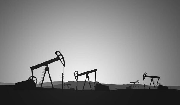 Силуэты нефтяных буровых установок на горизонте
 - Фото, изображение