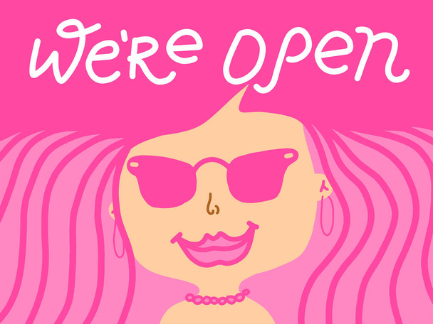 We're open sign. Grand reopening after coronavirus quarantine. Cartoon doodle sketch of woman face. Hair salon and beauty studio concept. Design of banner after pandemic of covid-19. - Vektör, Görsel