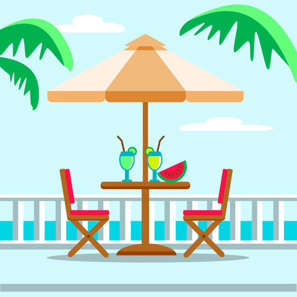 Tafel met parasol en met koude dranken, watermeloen, palmbomen bladeren op zonnig strand. Vector platte cartoon illustratie. Café, restaurant, terras - Vector, afbeelding