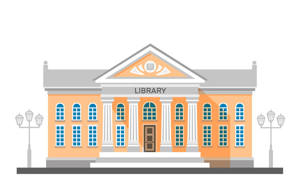 Векторна плоска ілюстрація екстер'єру бібліотеки з назвою і колонами, ізольованими на білому тлі. Будівля міської архітектури. Будівництво світової спадщини - Вектор, зображення