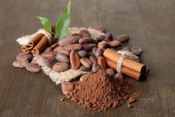 Cocoa beans, cocoa powder and spices on wooden background - Photo, image