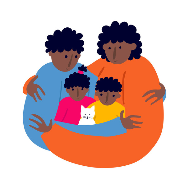 African family members embracing. Mother, father, daughter and son with a pet cat. Togetherness and closeness concept. Fun flat style drawing. Smiling people. Trendy stock vector illustration. - Vektori, kuva