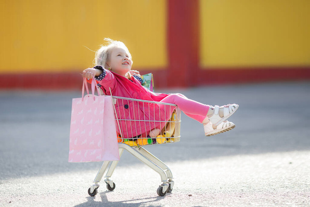 Adorable baby kid with trolley choosing fresh vegetables in local store. Girl with a big grocery cart in a parking lot near a store. A little girl with a big trolley buys fresh food and vegetables in a big supermarket.Little housewife with groceries - Foto, Imagen