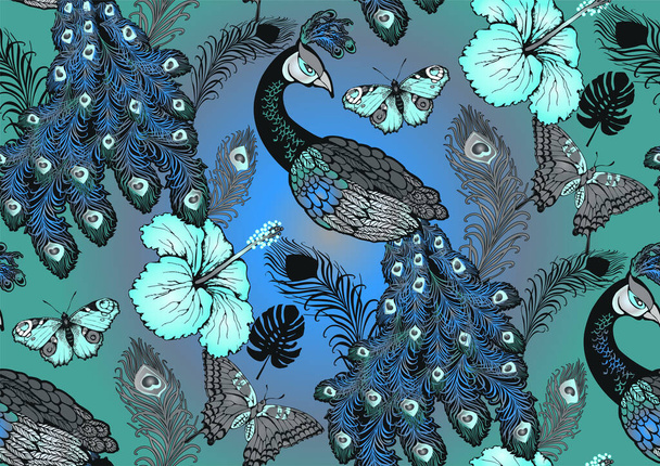 Patrón de pavo real y flores. Ilustración vectorial. Adecuado para tela, mural, papel de envolver y similares
 - Vector, imagen