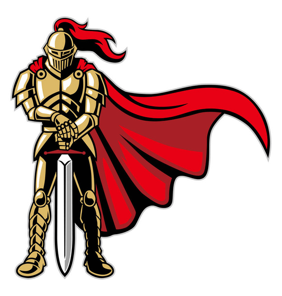 Vektor-Figur des Rittermaskottchens in Rüstung und mit dem großen Schwert - Vektor, Bild