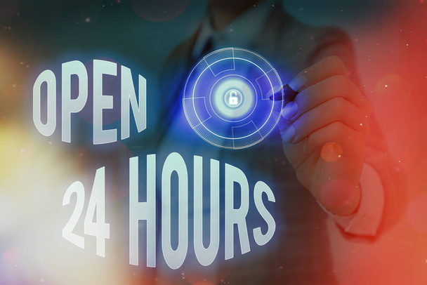 Tekst pisania słów Open 24 Hours. Koncepcja biznesowa dostępna przez cały dzień i całą noc bez zamykania i zatrzymywania. - Zdjęcie, obraz