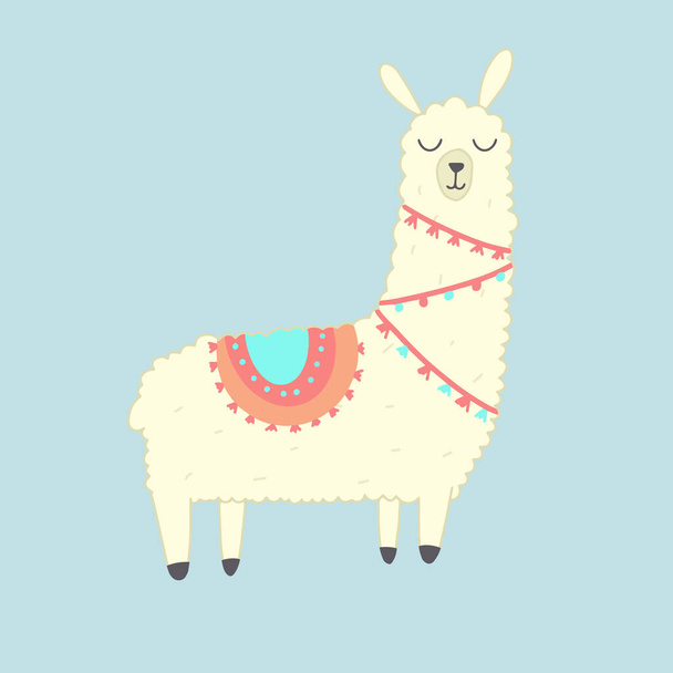 Lindo Ilustración Llama. Lindo personaje de dibujos animados alpaca. Se puede utilizar para el diseño de tarjetas, tarjetas de felicitación o invitación, guardería y otros
. - Vector, Imagen