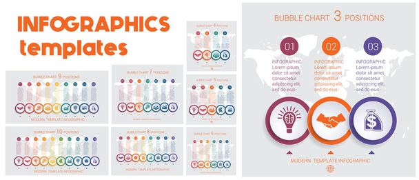 Modelos infográficos. Gráficos de negócios infográfico passo a passo 3 4 5 6 7 8 9 10 posições bolhas coloridas
 - Vetor, Imagem