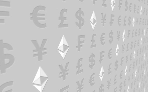 Ethereum classic and currency on a white background. Digital crypto currency symbol. Business concept. Market Display. 3D illustration - Foto, afbeelding