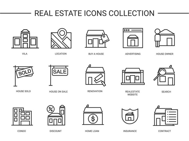 Real Estate. Sada ikon nemovitostí. Vektorové ikony izolované na bílém pozadí. Ikony související s nemovitostmi, jako je prodej, smlouva, vyhledávání, dům, nemovitosti webové stránky, atd.. - Vektor, obrázek