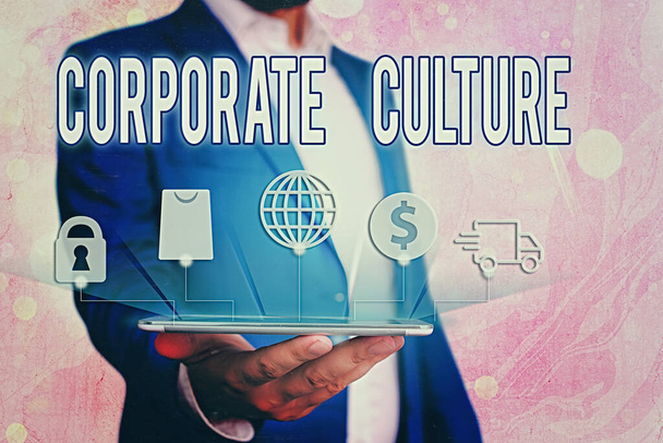 Texto manuscrito Cultura Corporativa. Concepto que significa valores y actitudes omnipresentes que caracterizan a una empresa
. - Foto, Imagen