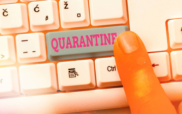 Writing note showing Quarantine. Business photo showcasing restraint upon the activities of an individual or the transport of goods. - Photo, Image