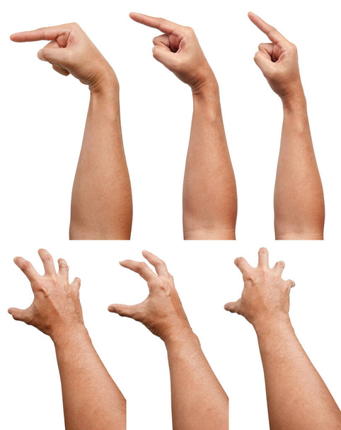 Mužská asijská ruka gestikuluje nad bílým pozadím. Ukazující akce vizuálního dotyku. - Fotografie, Obrázek