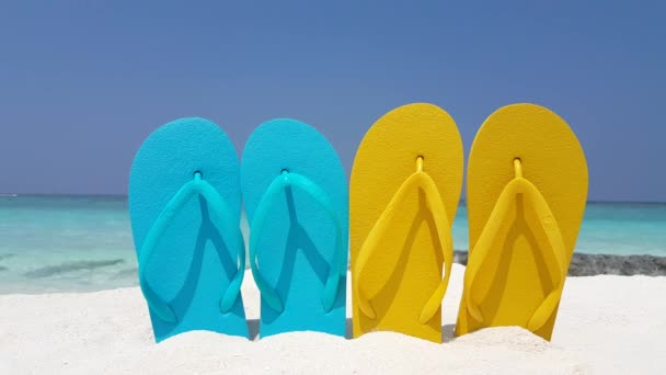 Tongs jaunes et bleues sur la plage. Paysage naturel d'Antigua. - Séquence, vidéo