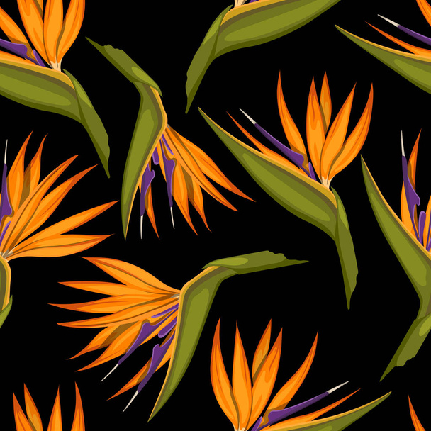 Trooppisia kukkia saumaton kuvio. Kangasjälki. Eksoottinen tekstiilisuunnittelu. Oranssi kukka kasvi sarjakuva tyyliin. Viidakon kasvisto mustalla taustalla
 - Vektori, kuva