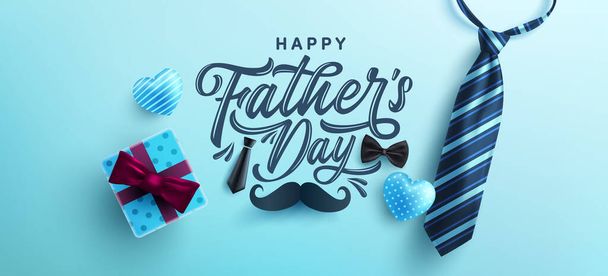 Αφίσα Ημέρα του Πατέρα ή πρότυπο πανό με γραβάτα και κουτί δώρου σε μπλε φόντο.Χαιρετισμούς και δώρα για την Ημέρα του Πατέρα σε επίπεδη lay styling.Promotion και πρότυπο αγορών για τον μπαμπά αγάπη - Διάνυσμα, εικόνα
