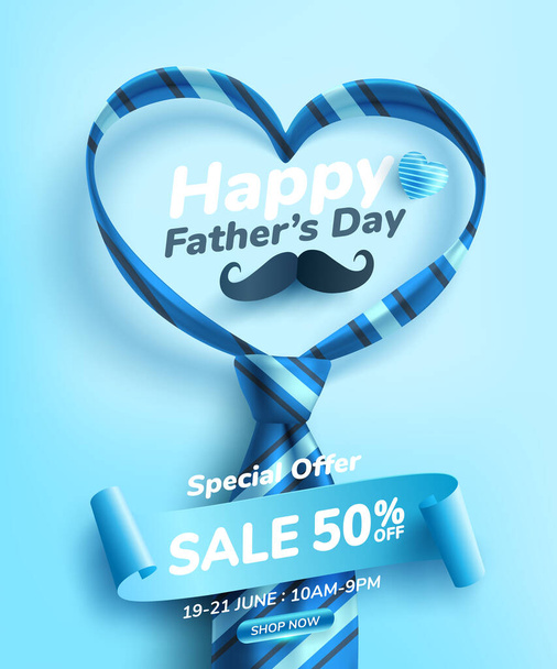 Dzień Ojca plakat wyprzedaży lub szablon baner z kształcie serca przez krawat na niebieskim tle.Pozdrowienia i prezenty na Dzień Ojca.Promocja i szablon zakupów dla taty miłości - Wektor, obraz