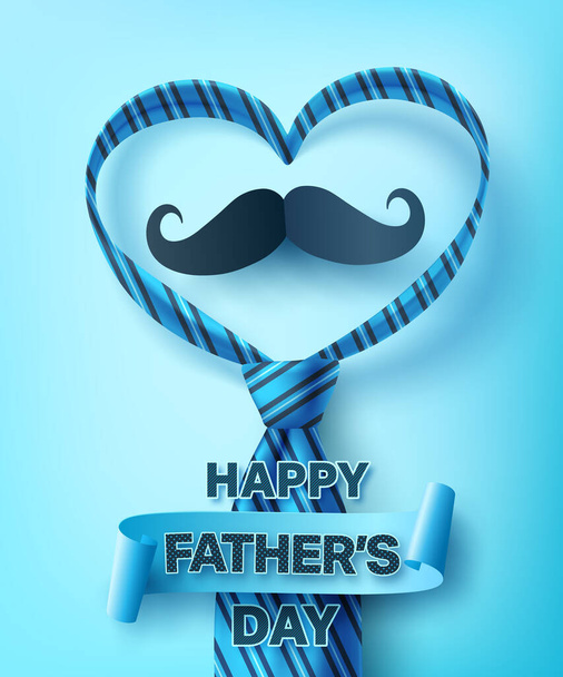 Poster del Día del Padre Feliz o plantilla de pancarta con forma de corazón por corbata sobre fondo azul.Saludos y regalos para el Día del Padre en estilo plano laico.Promoción y plantilla de compras para el papá del amor
 - Vector, Imagen