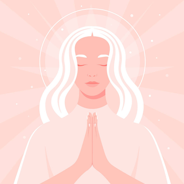 A young woman prays to god. Portrait of a girl with closed eyes in the temple. Angel. Vector flat illustration - Vector, Image
