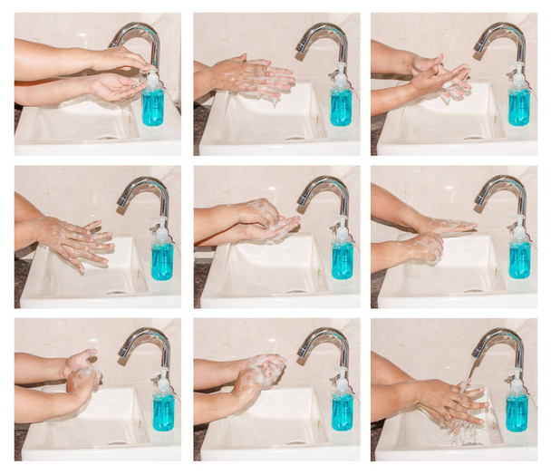 Υγιεινή χεριών - Βήματα καθαρισμού χεριών με σαπούνι πλύσης χεριών, βήματα πλύσης χεριών με σαπούνι για την πρόληψη του ιού της Corona - Φωτογραφία, εικόνα