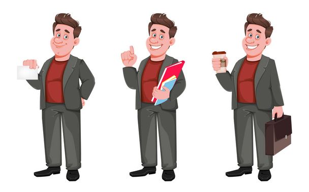 Smiling middle aged businessman, set of three poses. Happy handsome business man cartoon character holding card, having an idea and holding coffee and briefcase. Vector illustration - Vector, Image