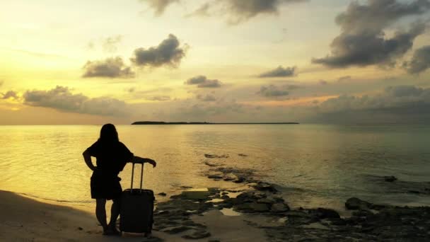 Σιλουέτα της γυναίκας ενάντια σε ένα ηλιοβασίλεμα με αποσκευές στην παραλία - Πλάνα, βίντεο