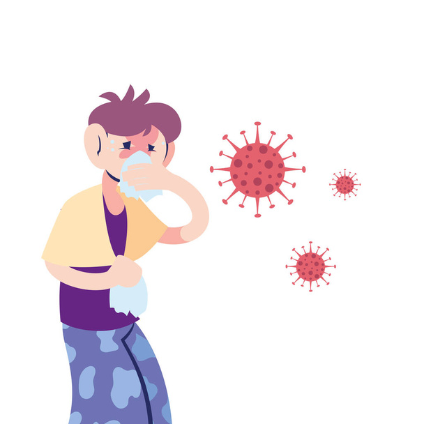 fiatal férfi koronavírus tünetekkel - Vektor, kép