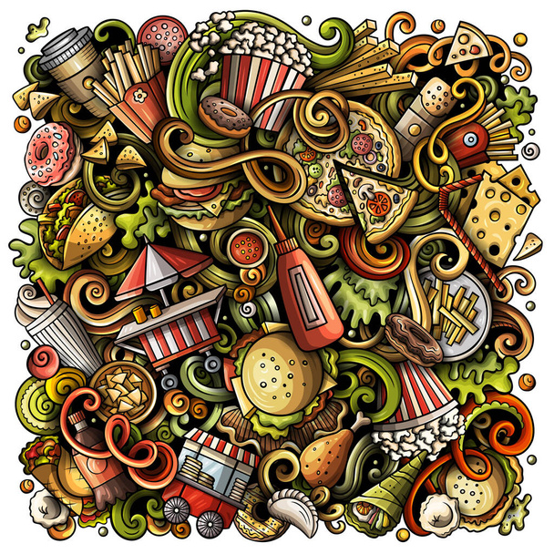 Fastfood hand drawn raster doodles illustration. Fast food poster design. - Photo, Image