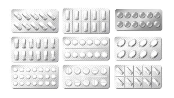 Реалістична 3d упаковка для блістерів. Ліки від знеболювальних таблеток Pack. Ілюстрація хімічної таблетки вітамін або знеболювач в блістері ізольовані на білому. Векторні
 - Вектор, зображення