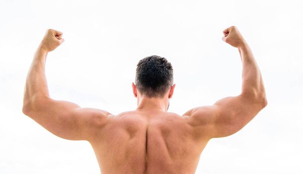 Sport motivation. Man celebrating success. Bodybuilder strong muscular back feeling powerful and superior. Achieve success. Successful athlete. Victory and success. Champion and winner concept - Φωτογραφία, εικόνα
