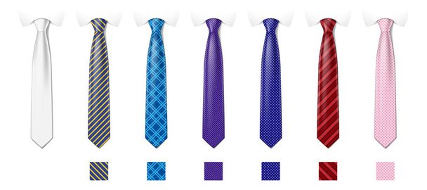 Tie mockup with different fashion pattern. Striped silk neckties templates with textures set. Man colored tie set. Vector illustration - Vector, Image