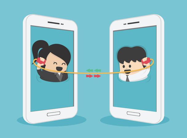 Communication between business men and women via smartphone - Vector, Image