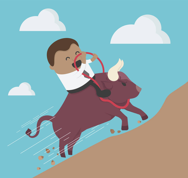 Koncepcja kreskówka ilustracja biznesmen jazda bizony głowa w góry - Wektor, obraz