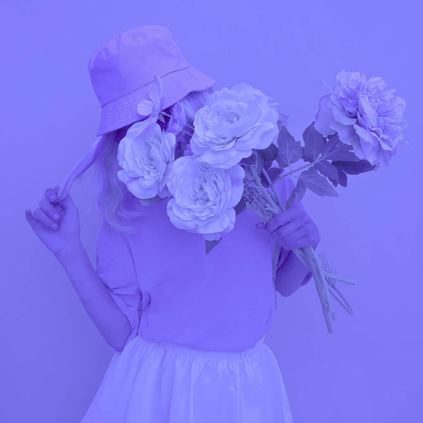 Blue aesthetic Flowers Girl. Blooming romantic vibes. Monochrome trends - Фото, изображение