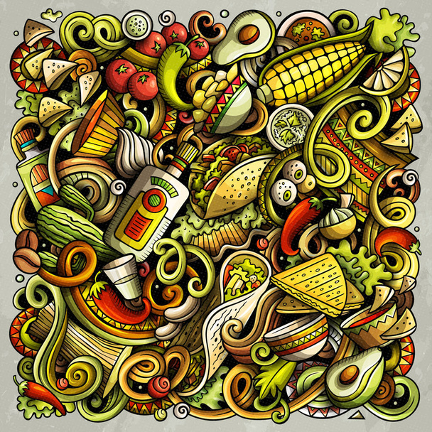 Messicano cibo disegnato a mano raster scarabocchi illustrazione. Design poster della cucina. - Foto, immagini