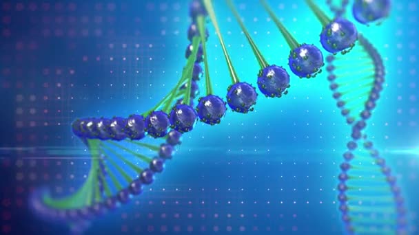 DNA-molecuul dubbele helix, gloeien en draaien over abstracte digitale achtergrond. - Video