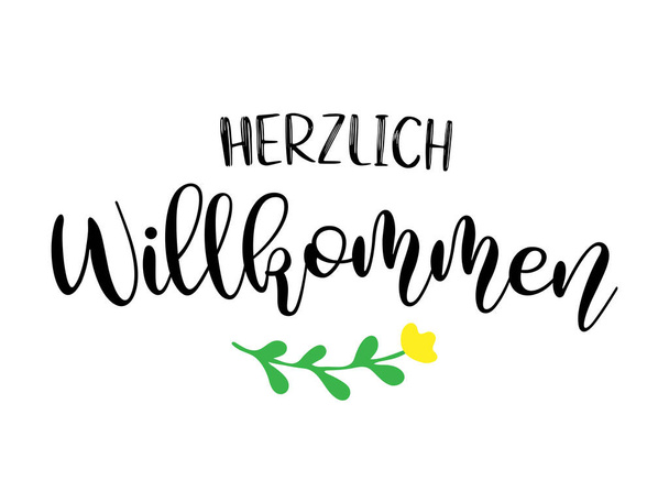 Herzlich Wilkommen 'in Almanca eskizini elle çizdim. Tercüme edilmiş Hoş geldiniz. Poster, el ilanı, başlık, kart, reklam, duyuru için mektup.  - Vektör, Görsel
