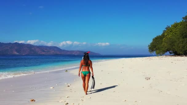 mujer caminando con equipo de aletas en la playa de verano  - Metraje, vídeo
