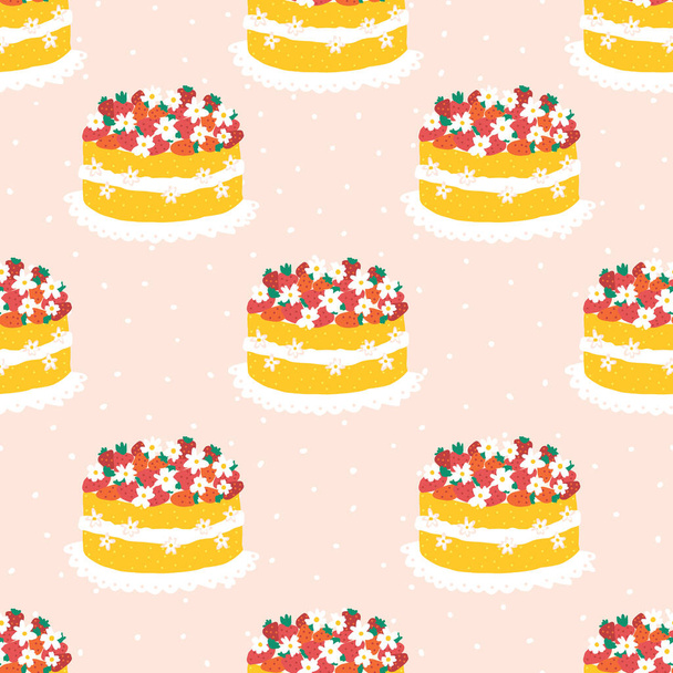 Полуничний торт безшовний векторний візерунок. Повторюваний фон з фруктовим тортом. Використовувати для святкування дня народження, літньої вечірки, плаката, флаєрів, тканини, подарункової упаковки
 - Вектор, зображення