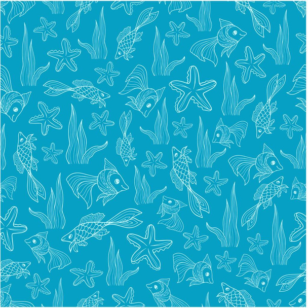 motif sans couture stylisé poisson étoile de mer océan jour contour isoler trait ligne croquis vecteur gribouillage enfants fond textile impression marine
 - Vecteur, image