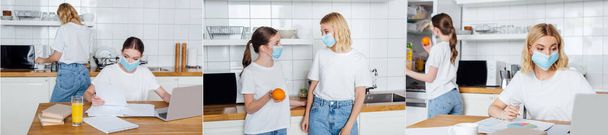 collage de mujer en máscara médica sosteniendo naranjas mientras hermana trabajando desde casa
  - Foto, Imagen