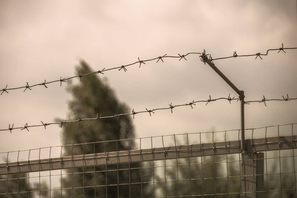 Высокая ограда из колючей проволоки - концепция ограничения свободы передвижения
 - Фото, изображение